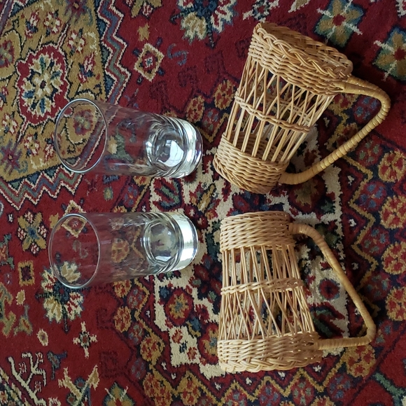 ❤ VINTAGE | Boho Wicker Handled Drinking Glass Holders & Glasses - Set of 2 - Picture 3 of 11